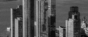 Preview wallpaper city, aerial view, buildings, pier, water, bw