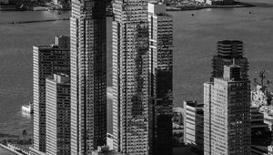 Preview wallpaper city, aerial view, buildings, pier, water, bw