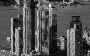 Preview wallpaper city, aerial view, buildings, pier, water, bw