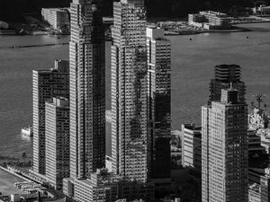 Preview wallpaper city, aerial view, buildings, pier, water, bw