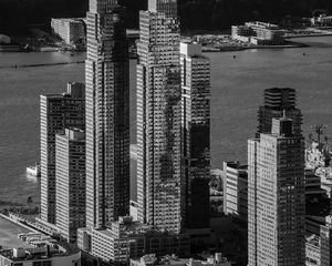 Preview wallpaper city, aerial view, buildings, pier, water, bw