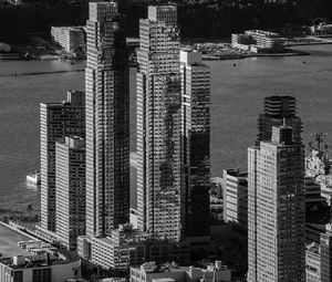 Preview wallpaper city, aerial view, buildings, pier, water, bw