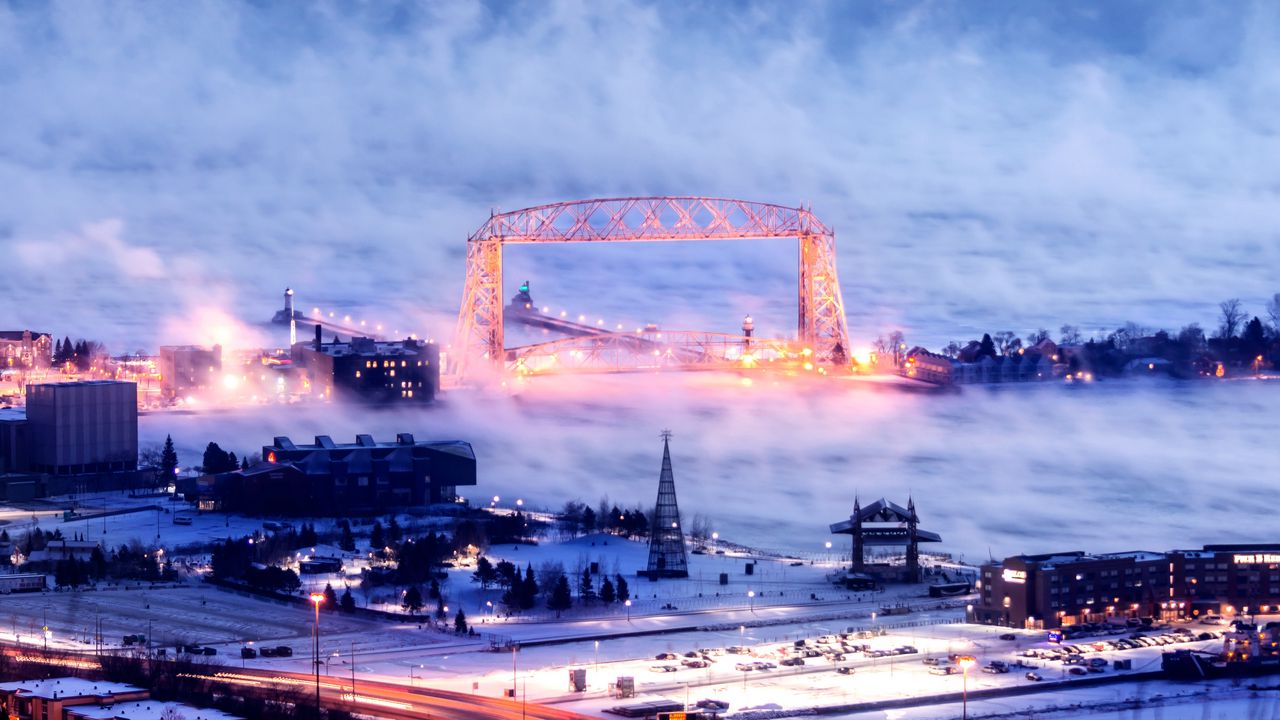 Wallpaper city, aerial view, buildings, road, bridge, snow, storm
