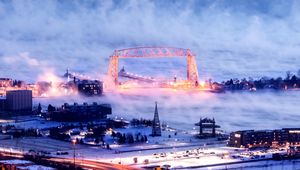 Preview wallpaper city, aerial view, buildings, road, bridge, snow, storm