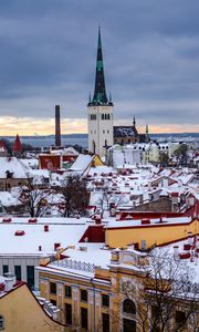 Preview wallpaper city, aerial view, buildings, cityscape, snow, winter