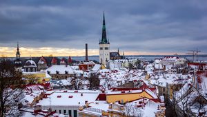 Preview wallpaper city, aerial view, buildings, cityscape, snow, winter