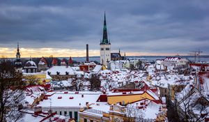 Preview wallpaper city, aerial view, buildings, cityscape, snow, winter