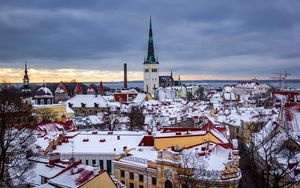 Preview wallpaper city, aerial view, buildings, cityscape, snow, winter