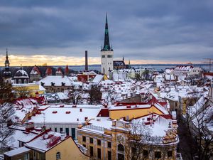 Preview wallpaper city, aerial view, buildings, cityscape, snow, winter