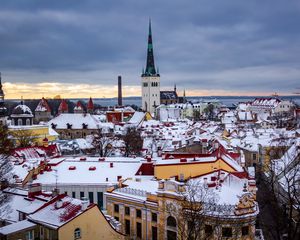 Preview wallpaper city, aerial view, buildings, cityscape, snow, winter