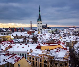 Preview wallpaper city, aerial view, buildings, cityscape, snow, winter