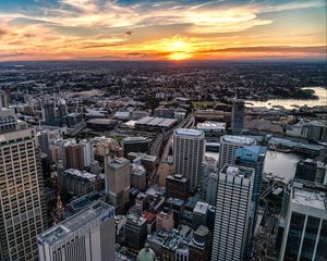 Preview wallpaper city, aerial view, buildings, cityscape, sunset