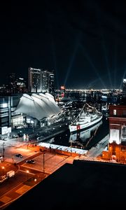 Preview wallpaper city, aerial view, buildings, ship, pier, night, lights