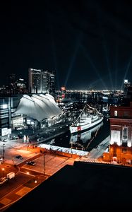 Preview wallpaper city, aerial view, buildings, ship, pier, night, lights