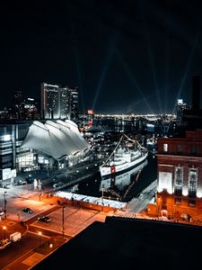 Preview wallpaper city, aerial view, buildings, ship, pier, night, lights