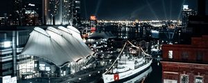 Preview wallpaper city, aerial view, buildings, ship, pier, night, lights