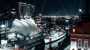 Preview wallpaper city, aerial view, buildings, ship, pier, night, lights