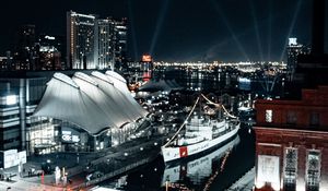 Preview wallpaper city, aerial view, buildings, ship, pier, night, lights