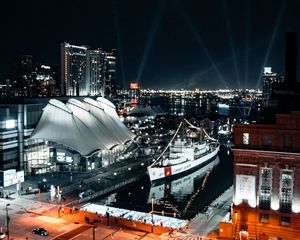 Preview wallpaper city, aerial view, buildings, ship, pier, night, lights