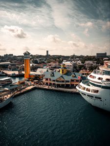 Preview wallpaper city, aerial view, buildings, ship, river