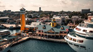 Preview wallpaper city, aerial view, buildings, ship, river