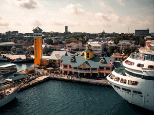 Preview wallpaper city, aerial view, buildings, ship, river