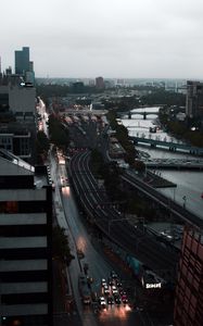 Preview wallpaper city, aerial view, buildings, road, river
