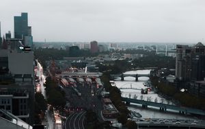 Preview wallpaper city, aerial view, buildings, road, river