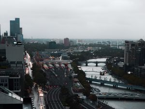 Preview wallpaper city, aerial view, buildings, road, river