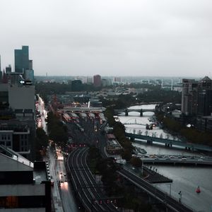 Preview wallpaper city, aerial view, buildings, road, river