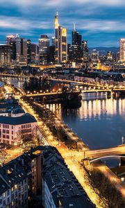 Preview wallpaper city, aerial view, buildings, bridge, river, lights, twilight