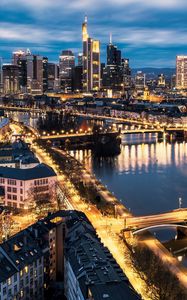 Preview wallpaper city, aerial view, buildings, bridge, river, lights, twilight