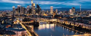 Preview wallpaper city, aerial view, buildings, bridge, river, lights, twilight