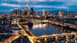 Preview wallpaper city, aerial view, buildings, bridge, river, lights, twilight