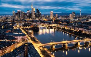 Preview wallpaper city, aerial view, buildings, bridge, river, lights, twilight