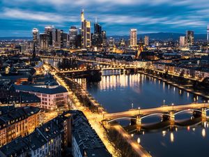 Preview wallpaper city, aerial view, buildings, bridge, river, lights, twilight