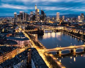 Preview wallpaper city, aerial view, buildings, bridge, river, lights, twilight