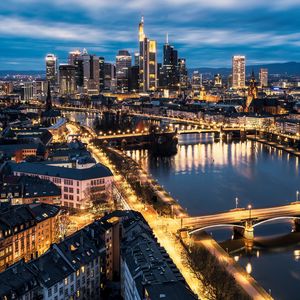 Preview wallpaper city, aerial view, buildings, bridge, river, lights, twilight