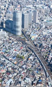 Preview wallpaper city, aerial view, buildings, road