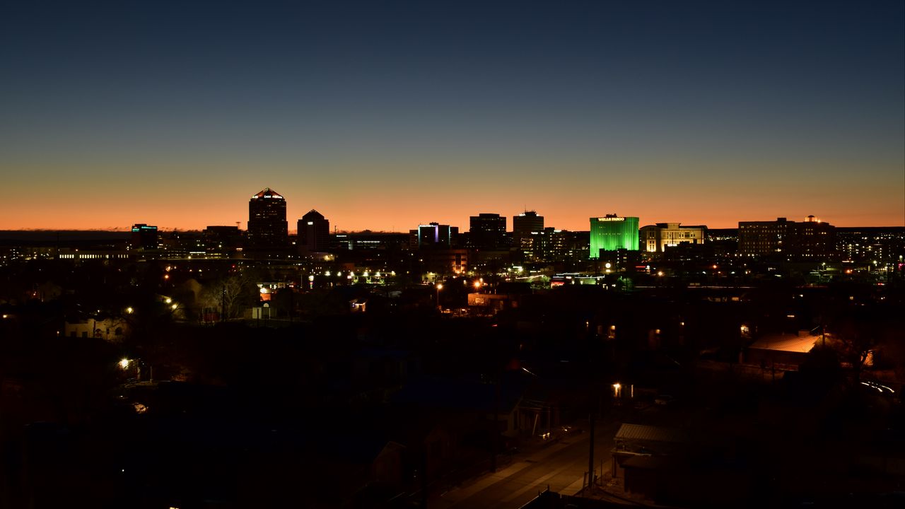 Wallpaper city, aerial view, buildings, lights, twilight, dark