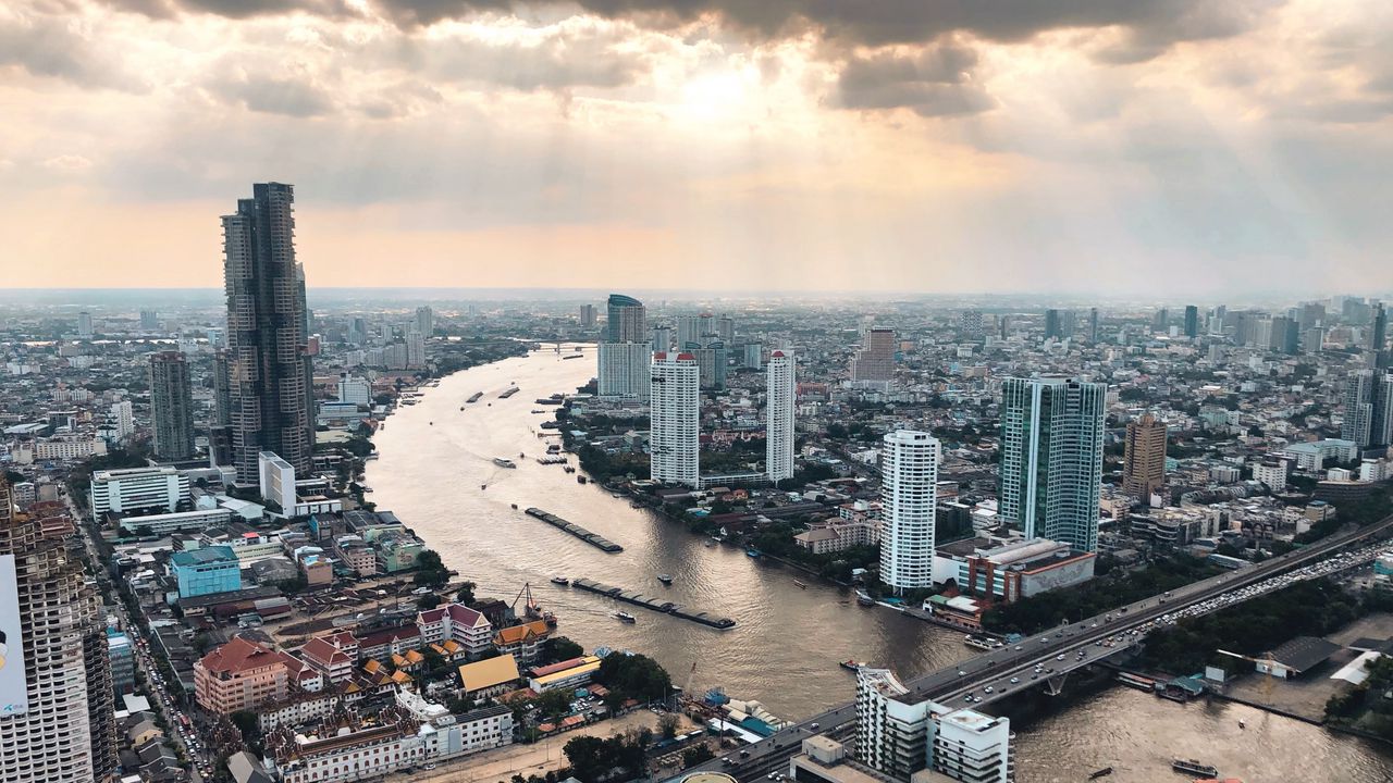 Wallpaper city, aerial view, buildings, river, skyline, bangkok