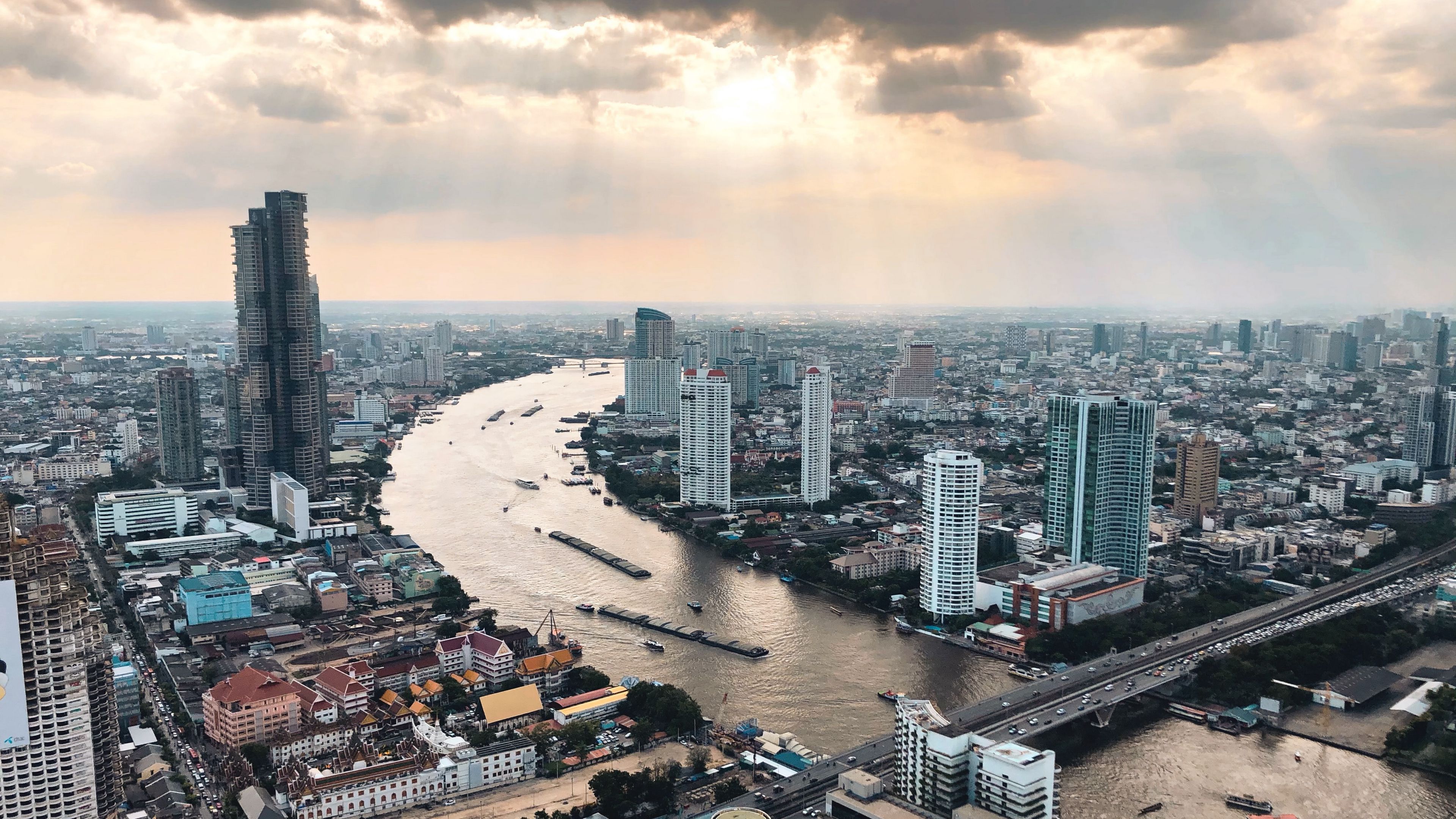 Download wallpaper 3840x2160 city, aerial view, buildings, river, skyline, bangkok  4k uhd 16:9 hd background
