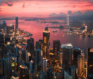 Preview wallpaper city, aerial view, buildings, lights, twilight