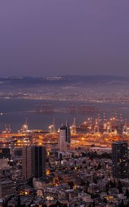 Preview wallpaper city, aerial view, buildings, lights, dusk, haifa, israel