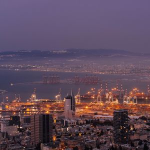 Preview wallpaper city, aerial view, buildings, lights, dusk, haifa, israel
