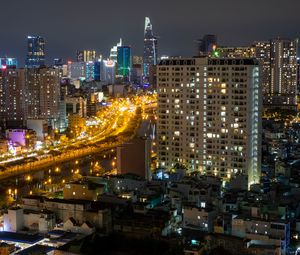 Preview wallpaper city, aerial view, buildings, road, lights