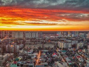 Preview wallpaper city, aerial view, buildings, sunset, cityscape