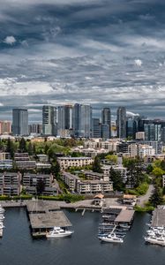 Preview wallpaper city, aerial view, buildings, coast, boats