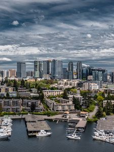 Preview wallpaper city, aerial view, buildings, coast, boats