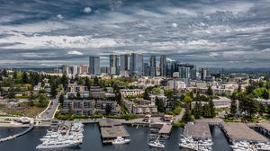 Preview wallpaper city, aerial view, buildings, coast, boats